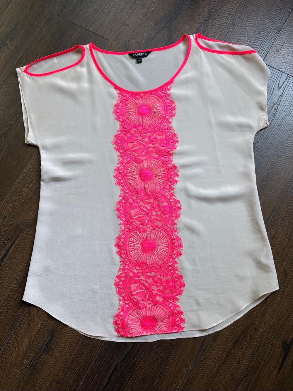 Express Cream Blouse with Neon Pink Lace Trim